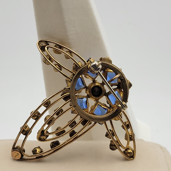 Vintage MCM M&S Gold Filled Cobalt Blue & White Rhinestones Brooch Pin - Picture 7 of 15